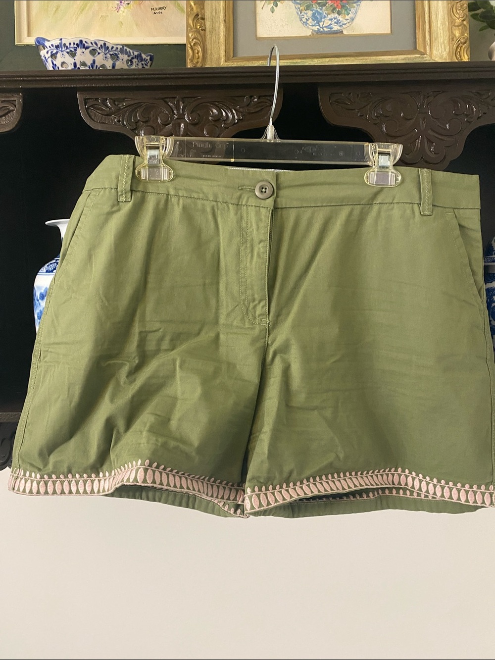 crown & ivy Olive Green Shorts with Pink Hem Trim